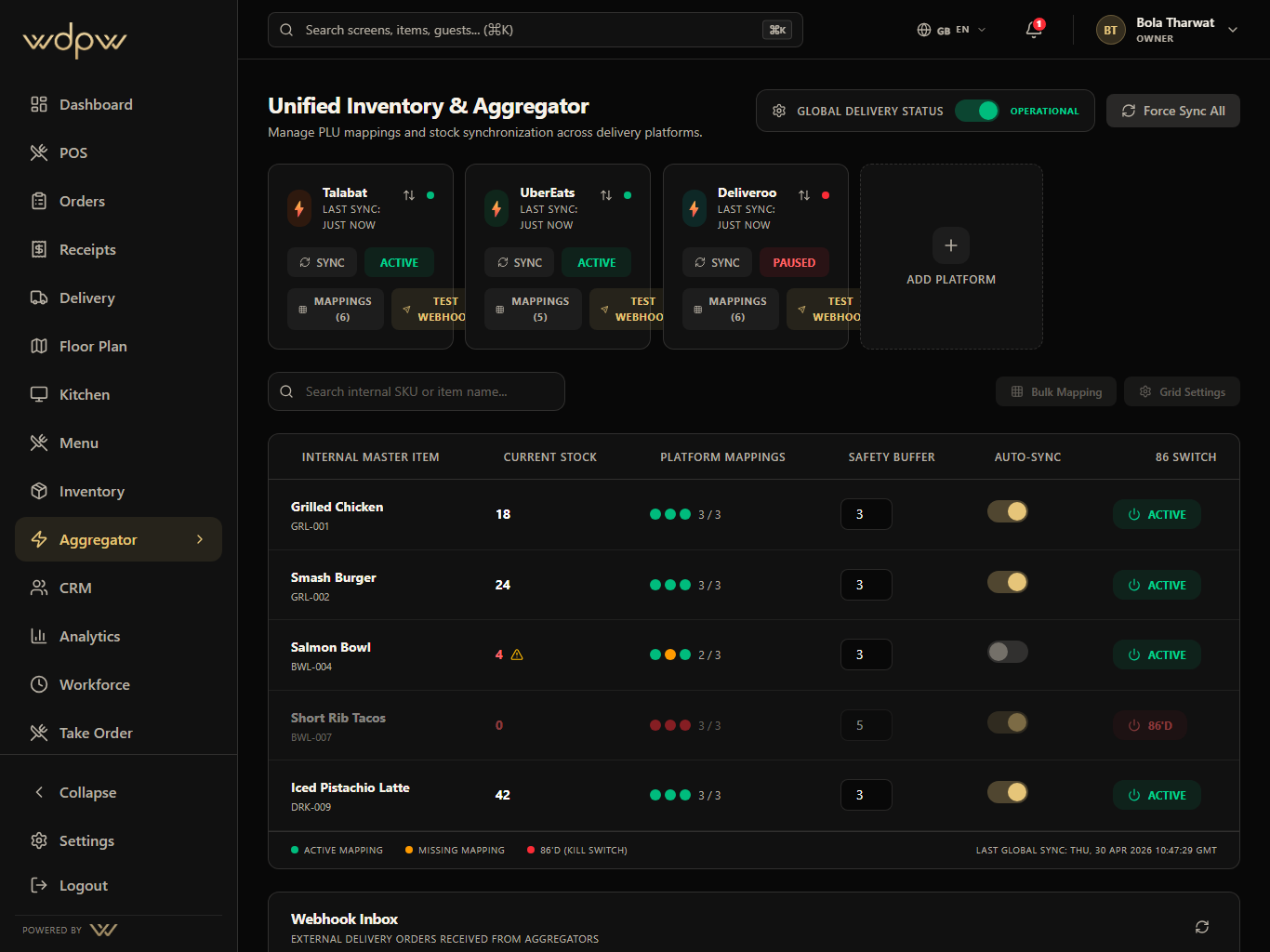 Aggregator Control WDPW app screen