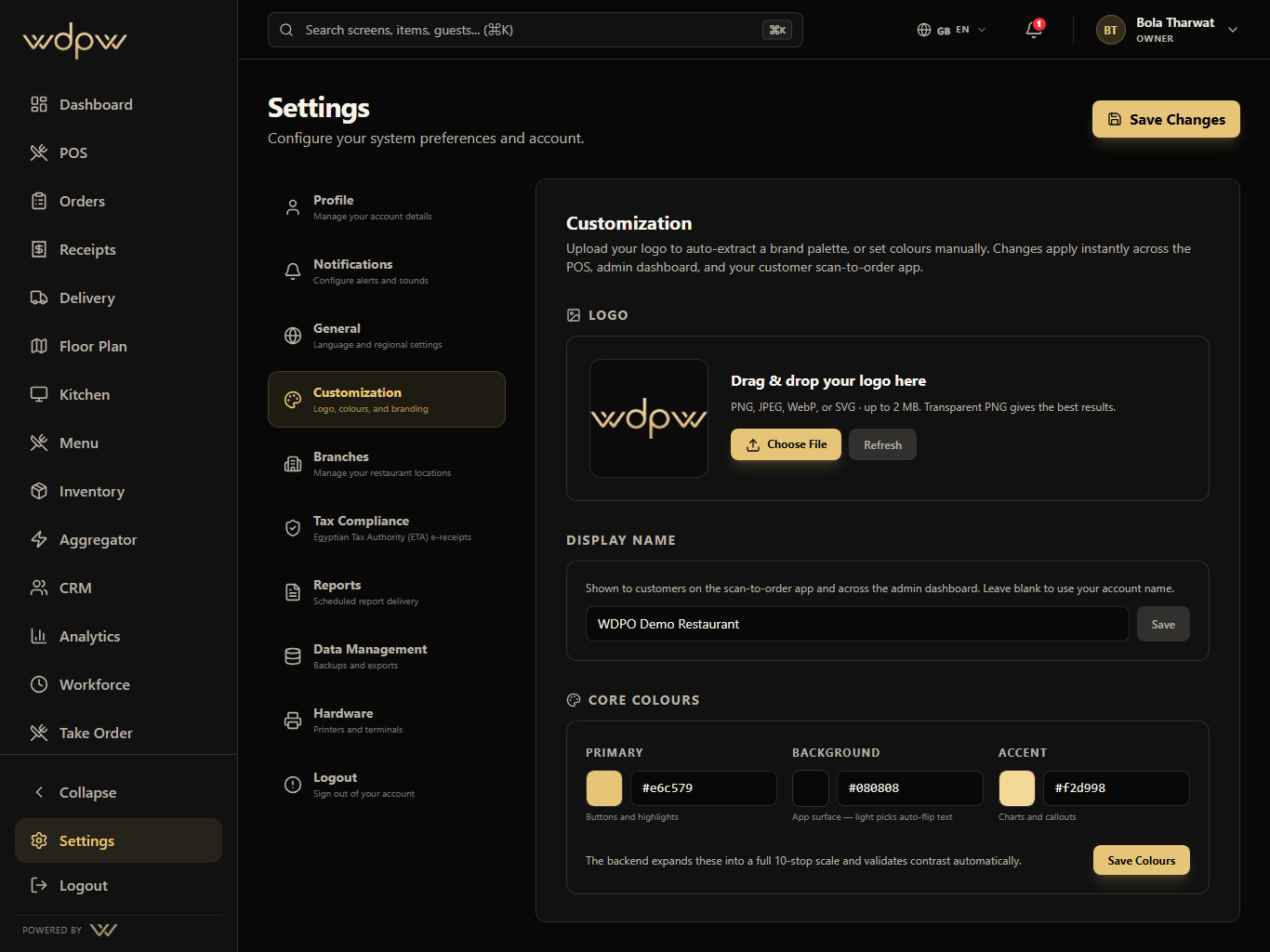 Settings and Customization screen